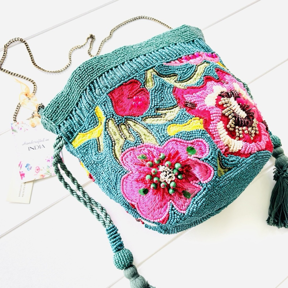 TikTok Viral India Beaded Bucket Bag Floral Embroidered Tassels Teal Crossbody - Picture 7 of 11